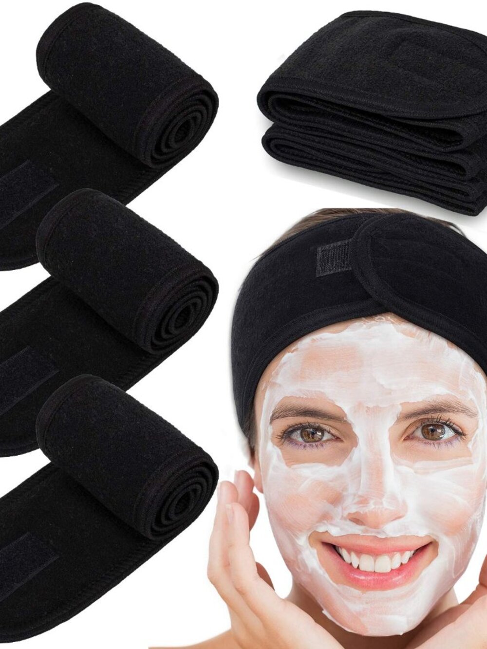 Spa Headband 4 Pcs Black Makeup Hair Band Facial Head Wrap Hair Tie